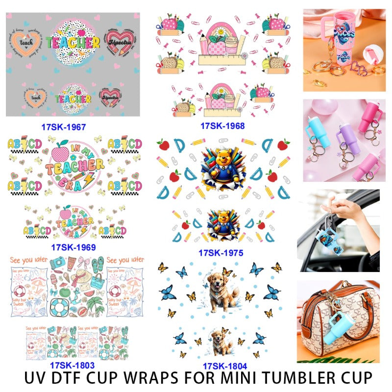 Wholesale 2/4/8 Pcs Teacher's Day Cute Heart Cartoon Little Bear Dog Butterfly UV DTF Wraps Mini Tumbler Cup Keychain