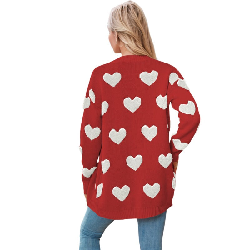 Wholesale Valentine's Day Heart Knitted Cardigan V-neck Button Midi-length Coat