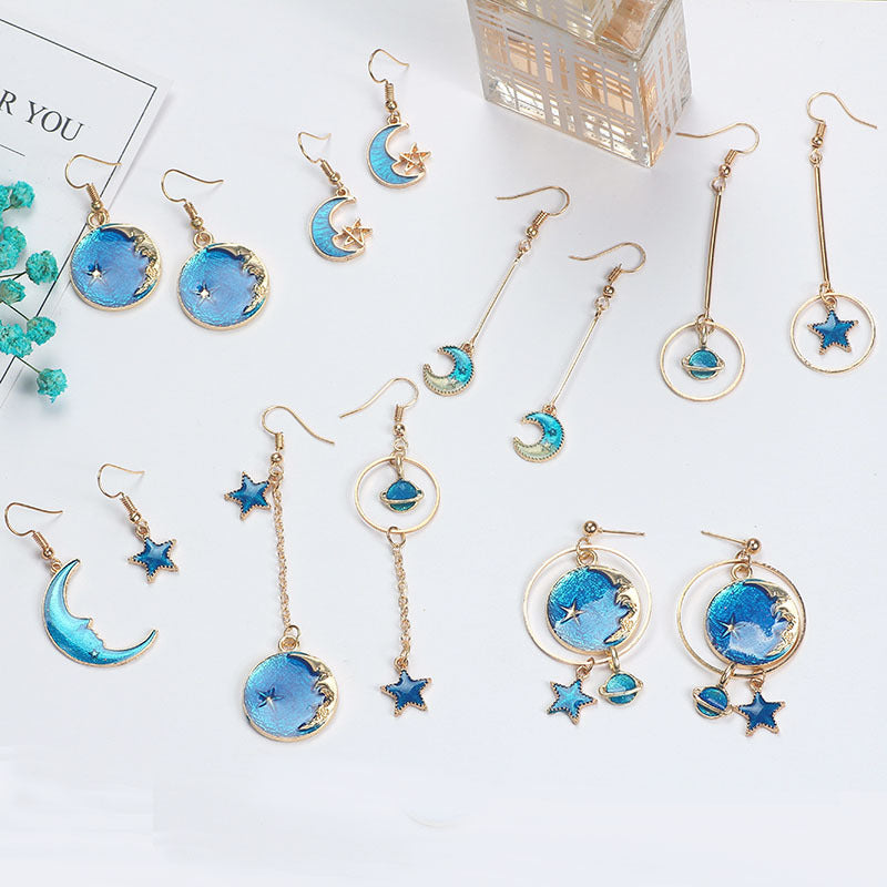 Wholesale Girl' s Heart Asymmetric Earrings Blue Star Moon Universe Planet Earrings