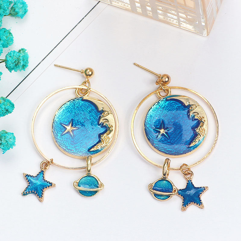 Wholesale Girl' s Heart Asymmetric Earrings Blue Star Moon Universe Planet Earrings