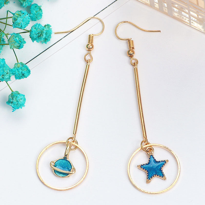 Wholesale Girl' s Heart Asymmetric Earrings Blue Star Moon Universe Planet Earrings