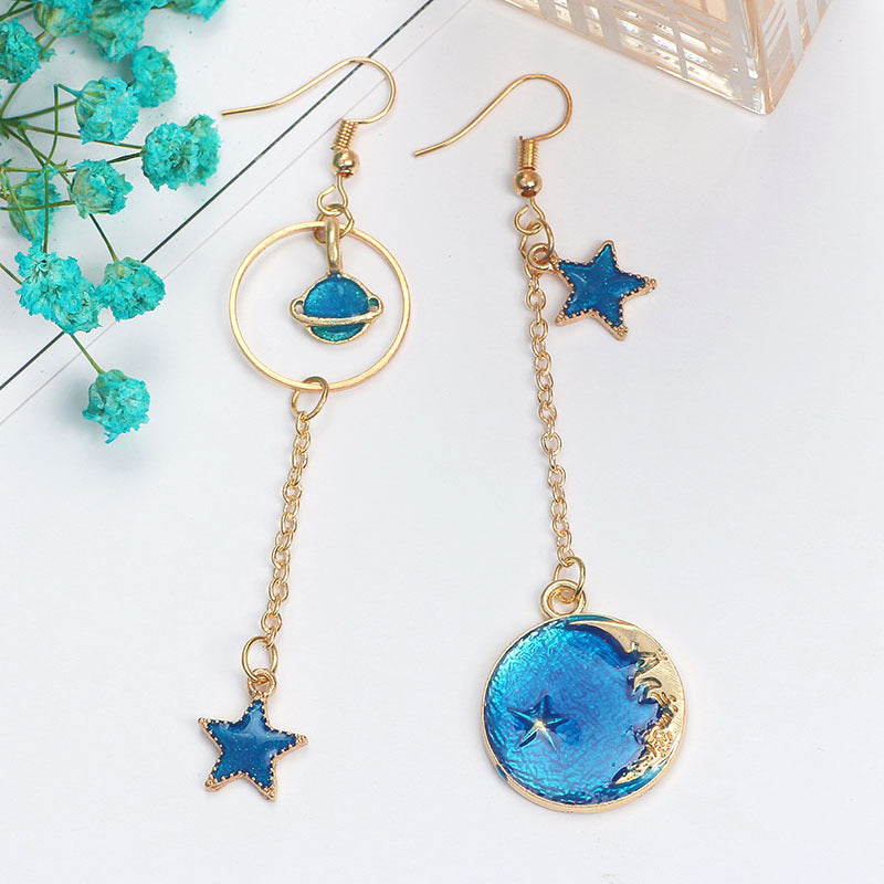 Wholesale Girl' s Heart Asymmetric Earrings Blue Star Moon Universe Planet Earrings