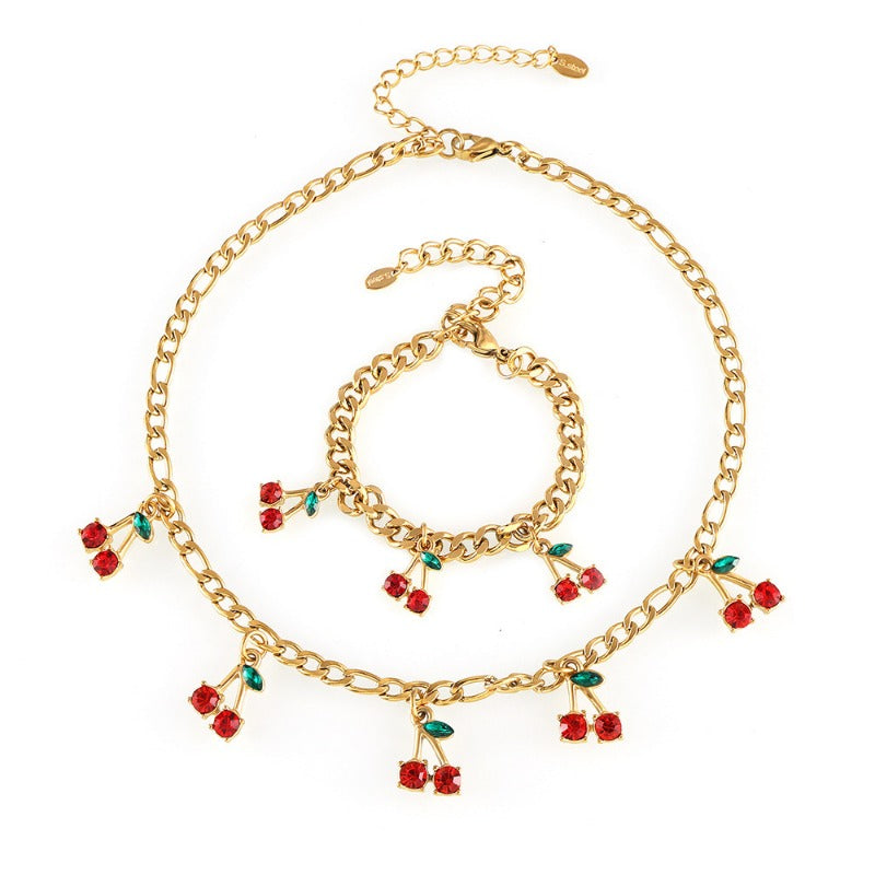 Wholesale Fashion Temperament Glass Stone Red Cherry Popular Simple Necklace Bracelet Set