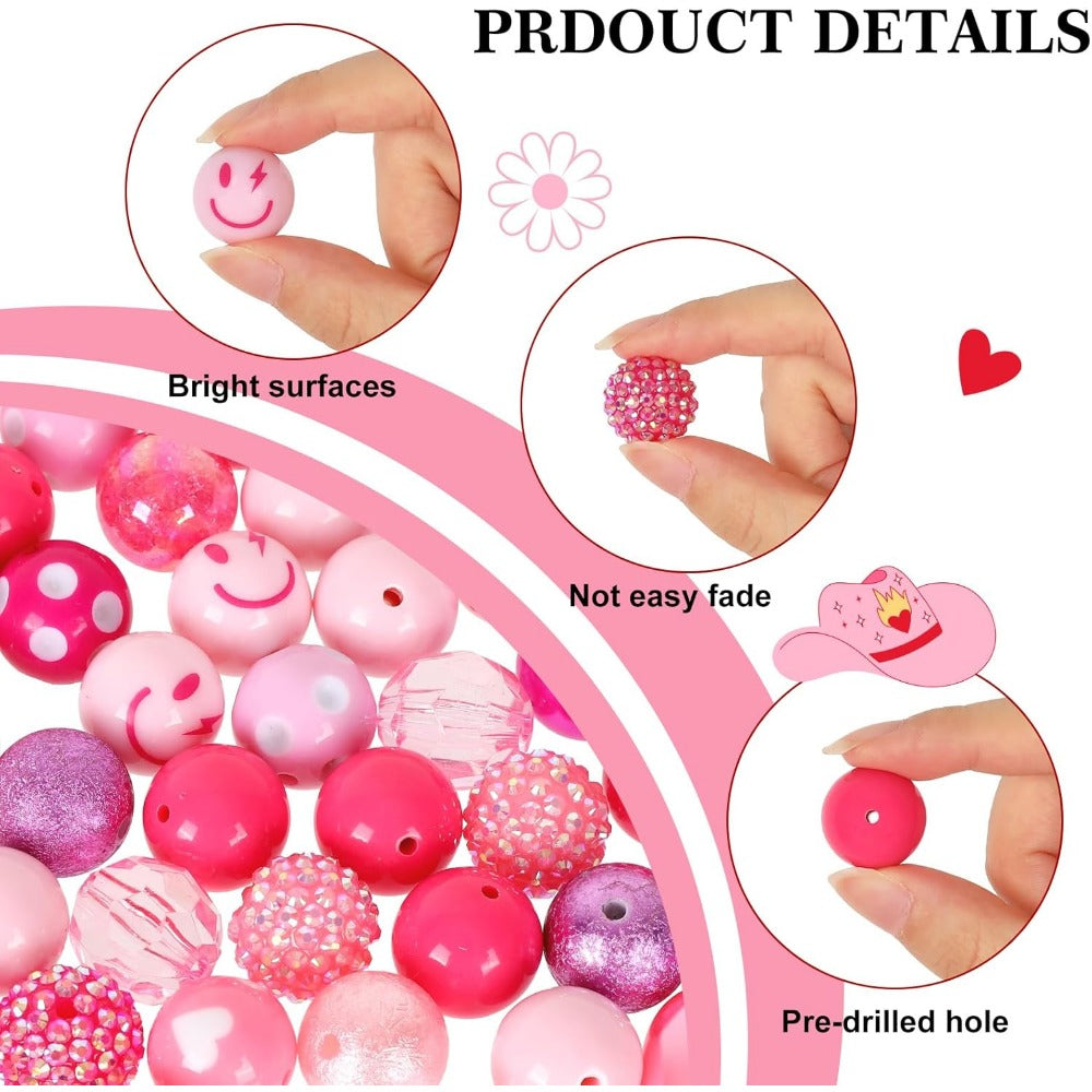Wholesale Whaline 50Pcs 20mm Mixed Preppy Heart Bubblegum Beads 16 Styles Pink White Spacer Bead Chunky Beads Set Jumbo Plastic Beads for Crafts and Jewelry Making Boutique DIY Craft Supplies