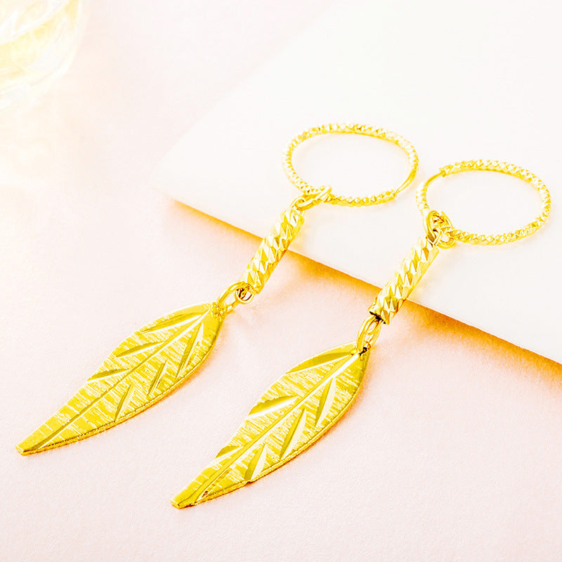 Wholesale Gold-plated long gold leaf tassel earrings
