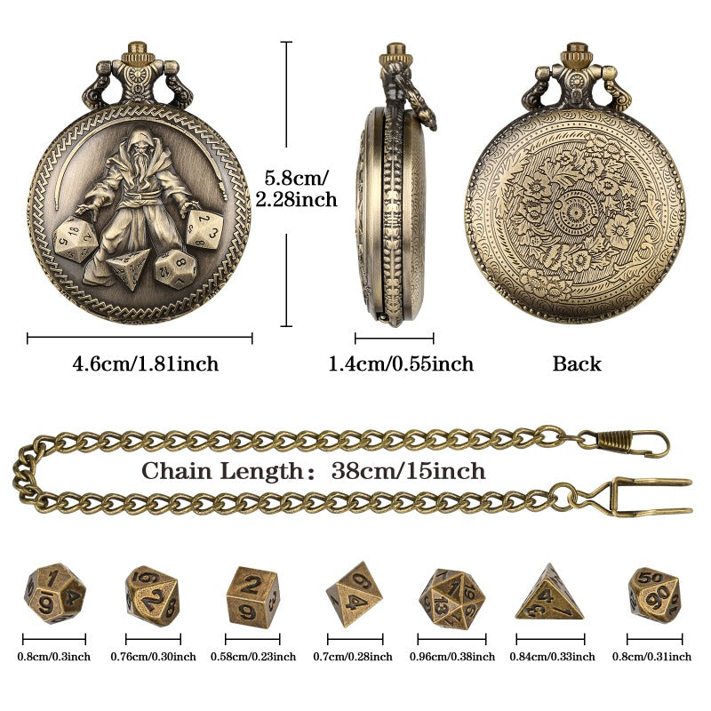 Wholesale DND Dice Vintage Flip Bronze Mage Thick Waist Chain Pocket Watch Case