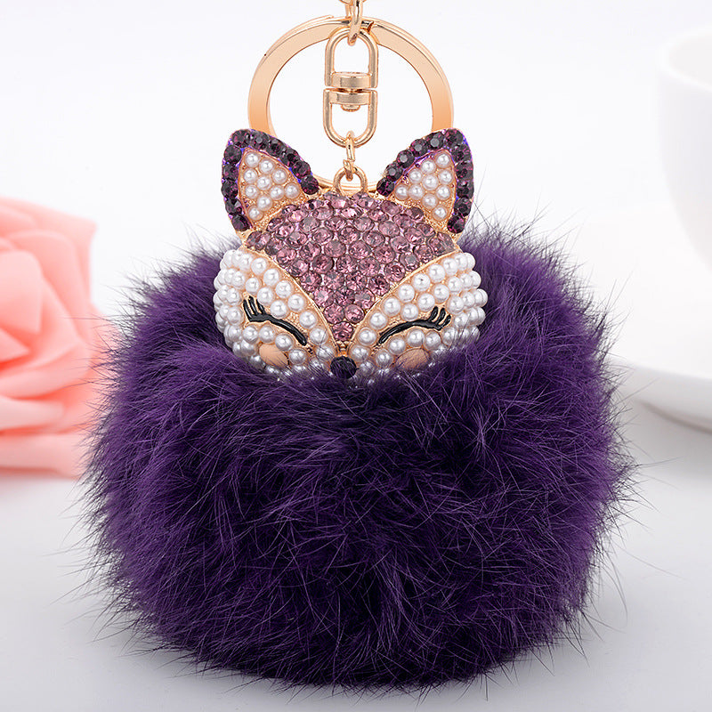 Wholesale Diamond Fox Head Rabbit Hair Hairball Zinc Alloy Keychains