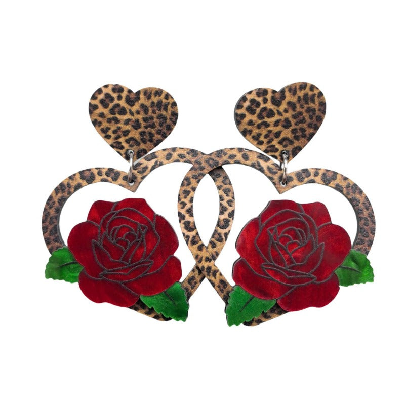 Wholesale Acrylic Valentine's Day Love Rose Black and White Check Leopard Personality Retro Earrings