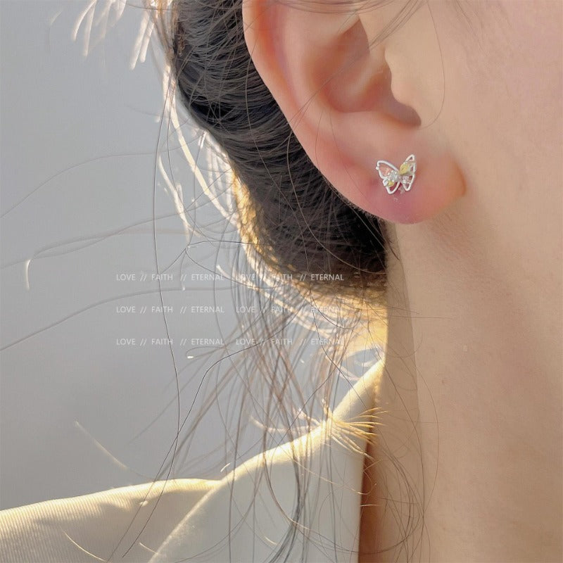 Wholesale 925 Silver Needle Micro Inlaid Zirconia Sweet Mini Pink Blue Small Butterfly Earrings