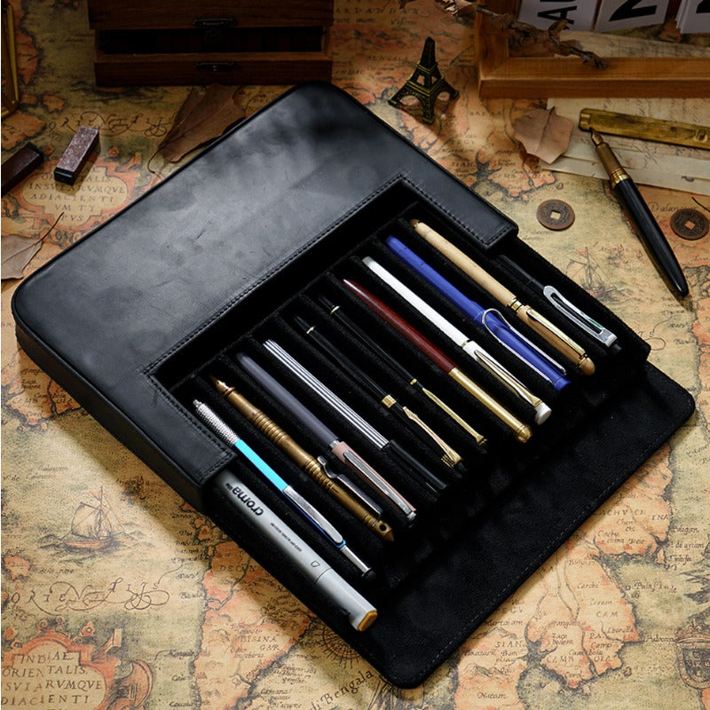 Wholesale 12-pack Handmade Magnetic Drawer-style Crazy Horse Leather Pencil Case