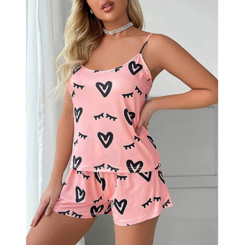 Wholesale Heart Print Suspender Shorts Pajamas