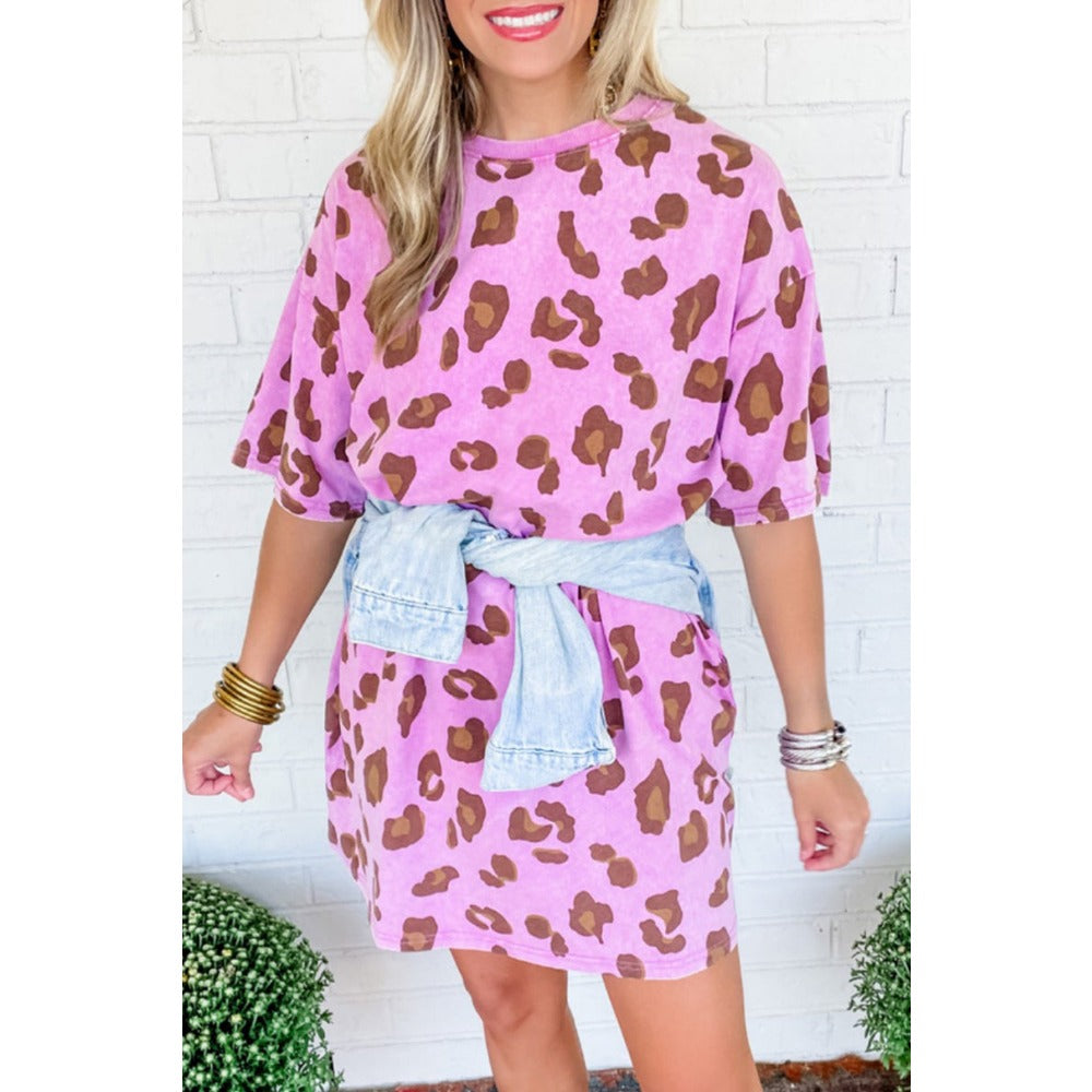 Wholesale One Step Skirt Leopard Print Round Neck Loose Dress