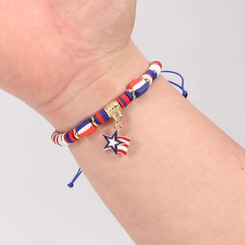 Wholesale Independence Day Braided Adjustable Heart Five-pointed Star Butterfly Red White and Blue Bracelet