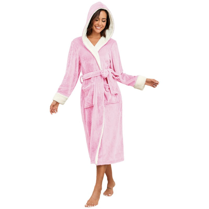 Wholesale Flannel Color Hooded Autumn and Winter Long Bathrobe Couple Pajamas