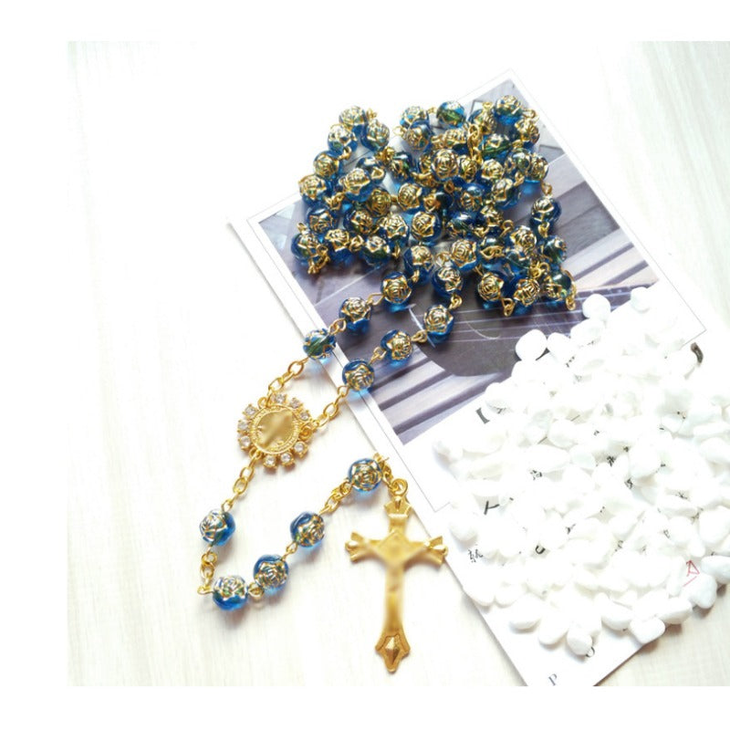 Wholesale Hand-strung Long Sweater Chain with Blue Gilt Rose Beads