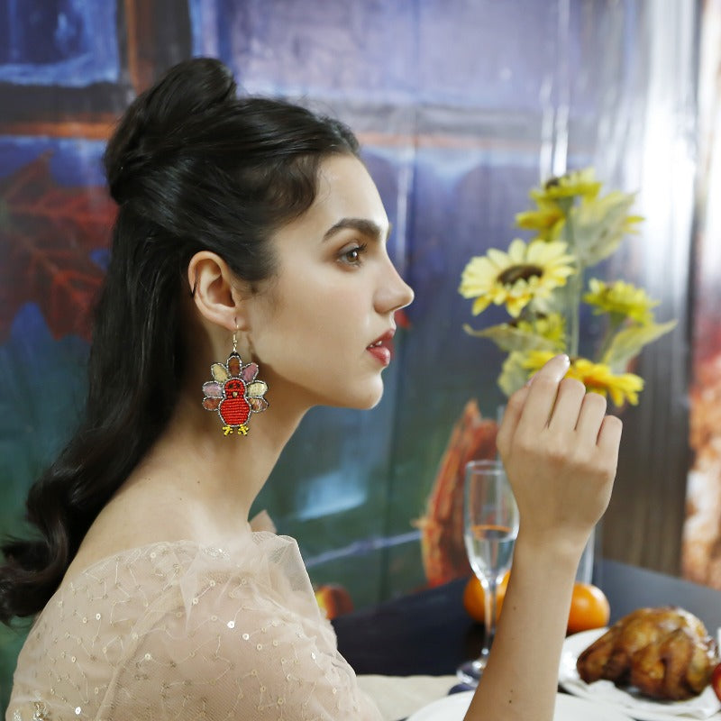 Wholesale Rice Beads Handwoven Thanksgiving Turkey Earrings