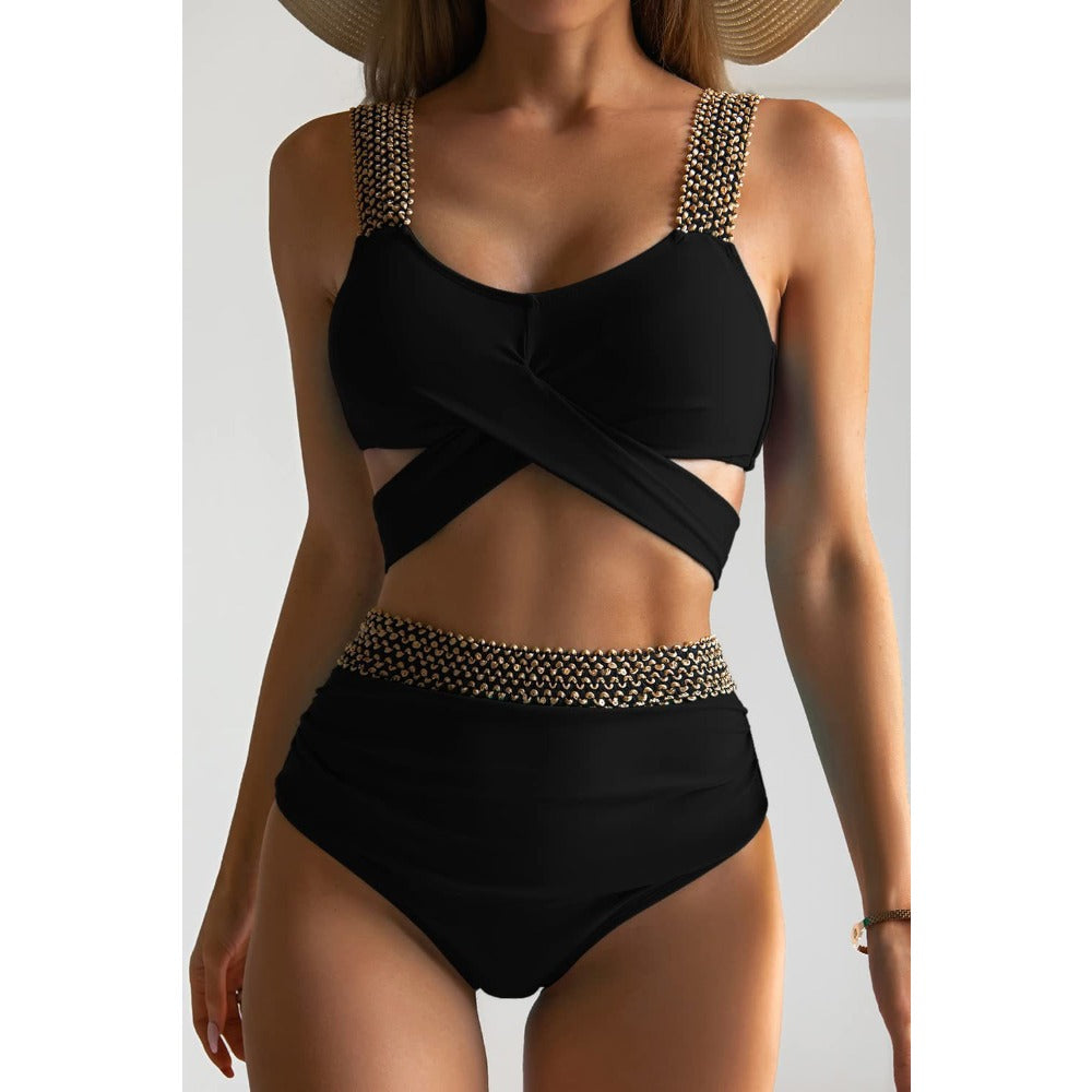 Wholesale Women's Polyester Cross High Waisted Elastic Split Bikini Swimsuits