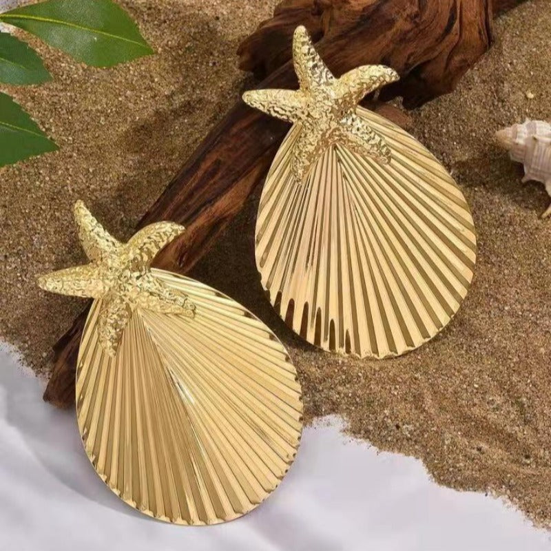 Wholesale Golden Beach Sea Star Shell Scallop Exaggerated Earrings