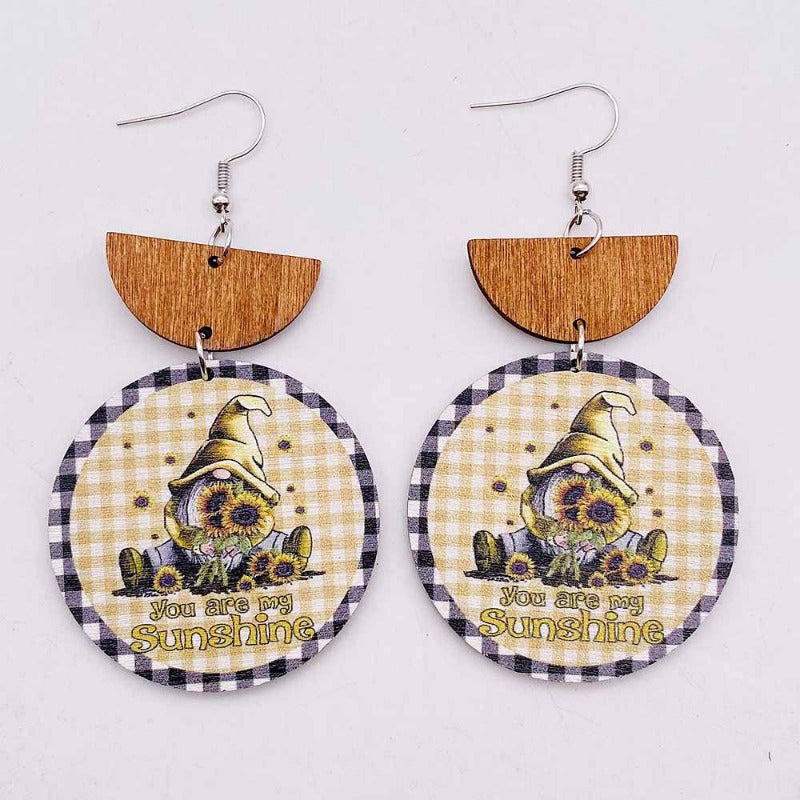 Wholesale Autumn Thanksgiving Turkey Gnome Sunflower Wooden Earrings