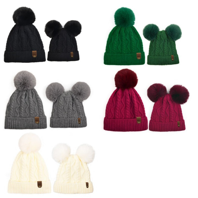 Wholesale Autumn and Winter Fleece Leather Label MINI Double Wool Ball Outdoor Warm Detachable Knitted Hat