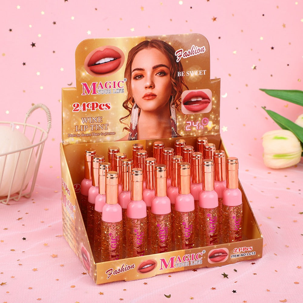 Wholesale 24pcs Gold Cap Color Changing Gold Foil Red Wine Bottle Lip Gloss