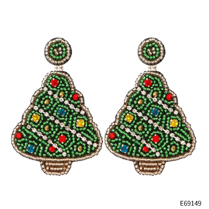 Wholesale Christmas Rice Bead Countryside Style Exaggerated Lightweight Holiday Hand Woven Earrings