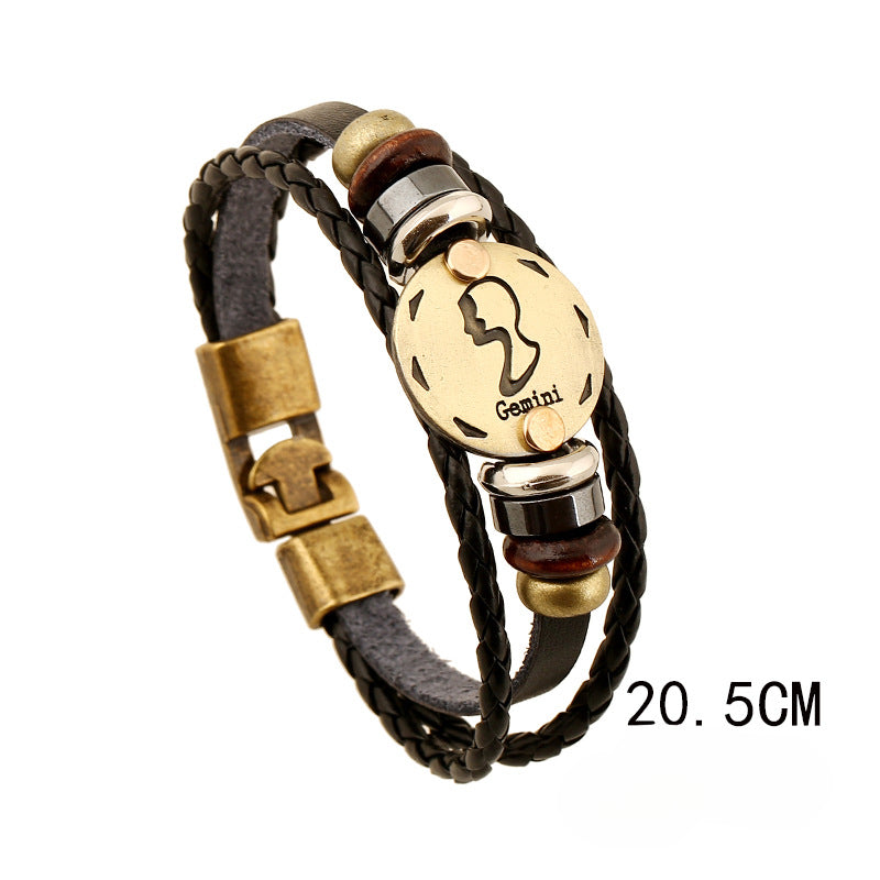 Wholesale Vintage 12 Zodiac Cowhide Multi-layer Bracelets