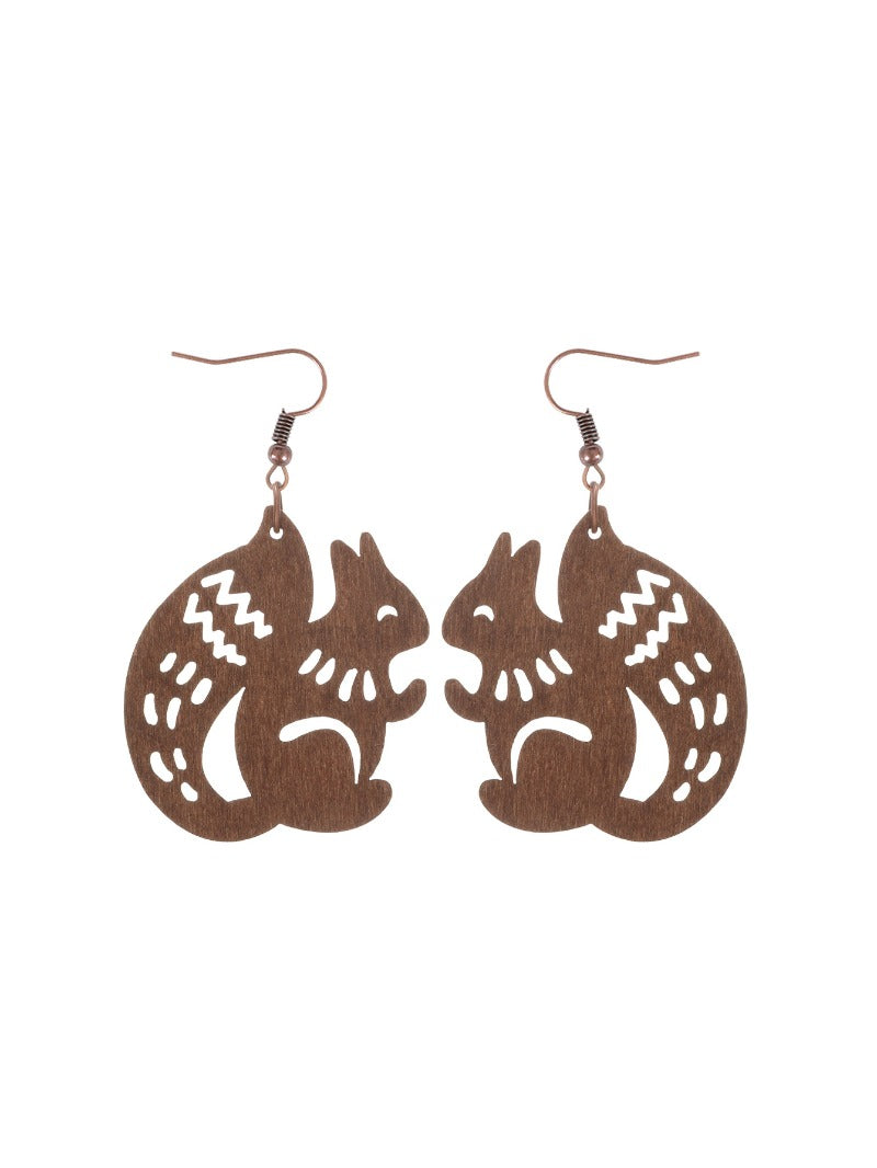 Wholesale Hollow Wooden Squirrel Maple Leaf Personalized Retro Ethnic Style Earrings