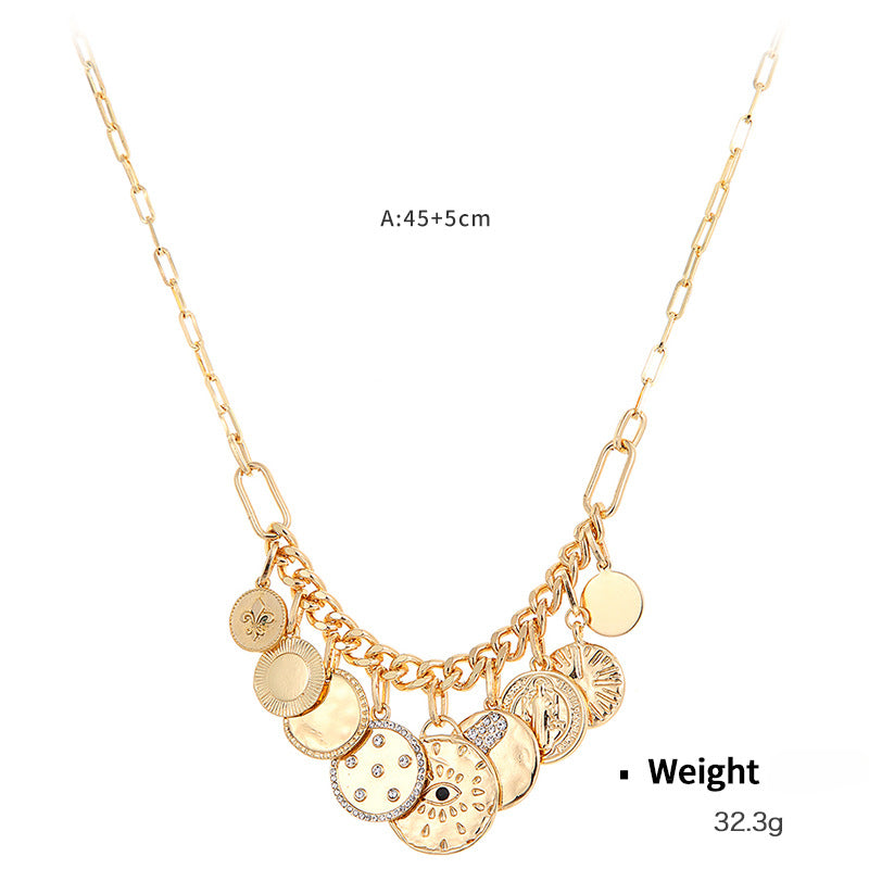 Wholesale Coin Inlaid Diamond Relief Alloy Necklaces
