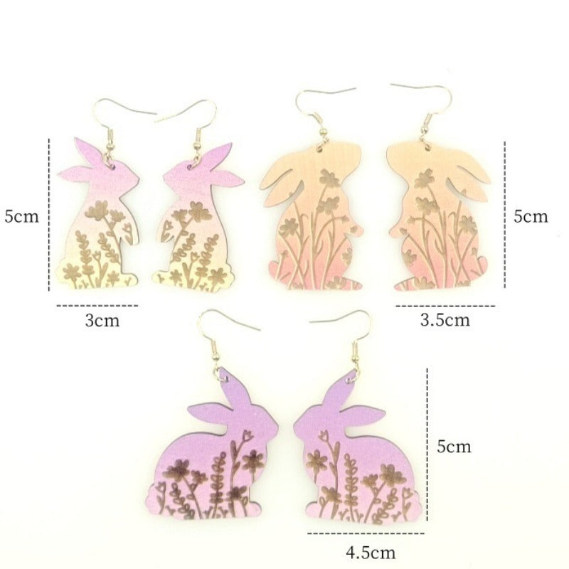 Wholesale Creative Rabbit Cutting Wood Carving Printing Gradient Earrings
