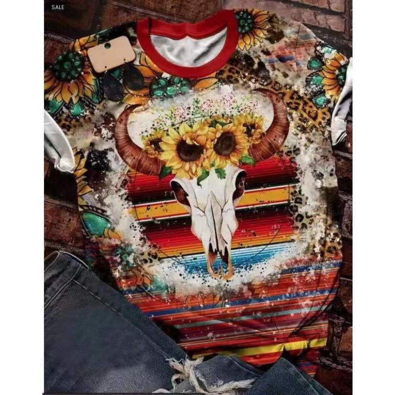 Wholesale Aztec Western Style Polyester Printed Round Neck T-shirts