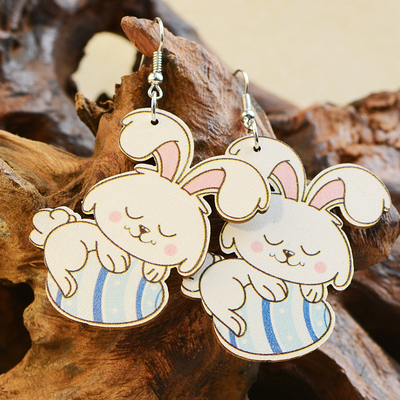 Wholesale Easter Cute Eggs Rabbit Wood Earrings