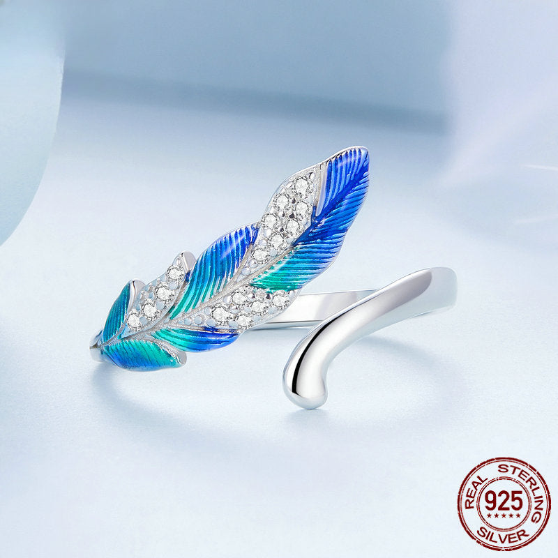 Wholesale S925 Sterling Silver Dazzling Blue Feather Earrings Ring