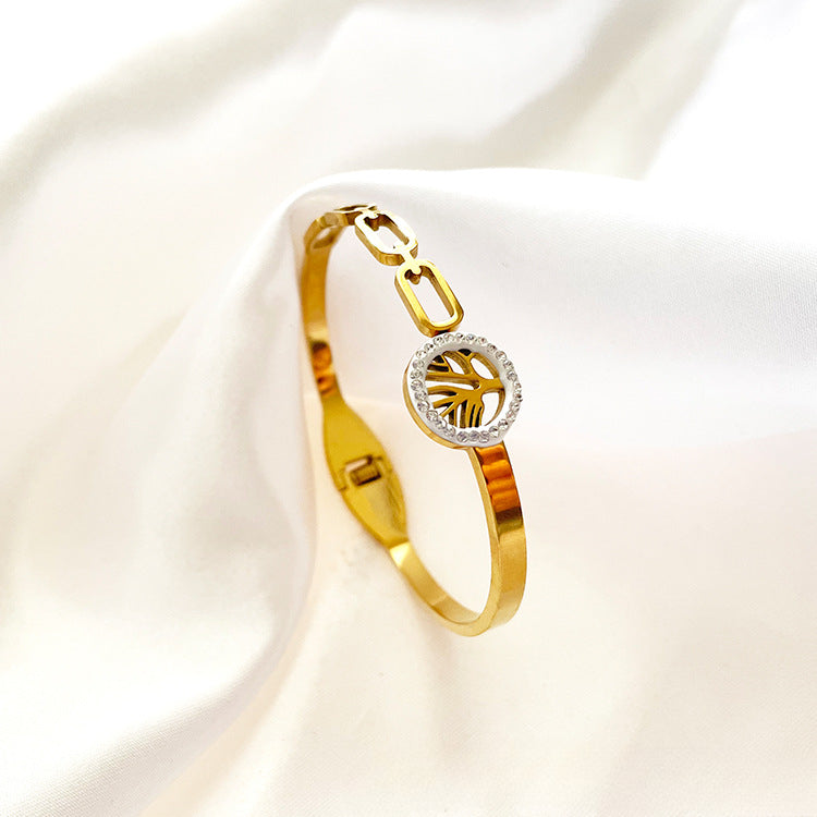 Wholesale 18K Gold Plated Geometric Disc Set with Diamond Tree Hollow Titanium Steel Bracelet