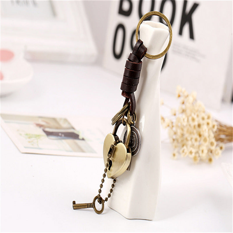 Wholesale Men's Retro Cowhide Keychain Alloy Love Lock Key Pendant