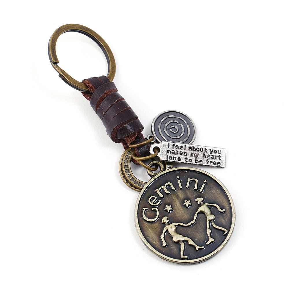 Wholesale Retro Woven 12 Constellation Cowhide Keychain