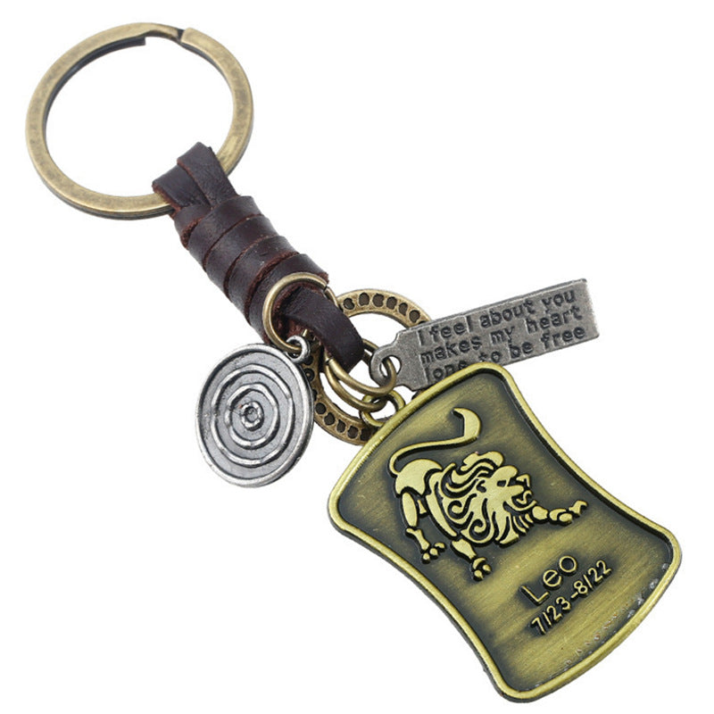 Wholesale of New 12 Constellations Retro Woven Cowhide Keychain