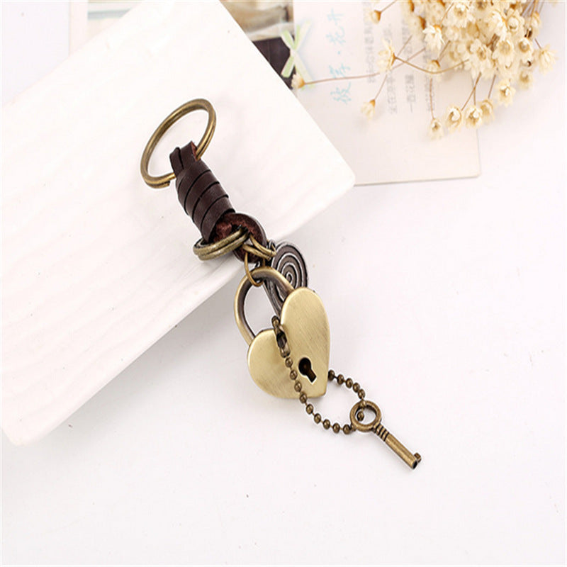 Wholesale Men's Retro Cowhide Keychain Alloy Love Lock Key Pendant