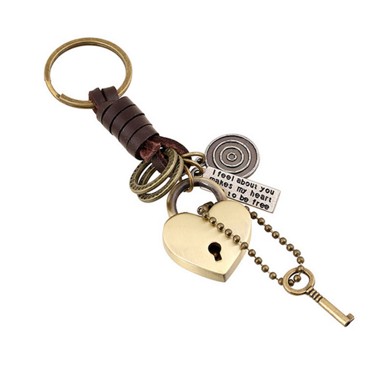 Wholesale Men's Retro Cowhide Keychain Alloy Love Lock Key Pendant