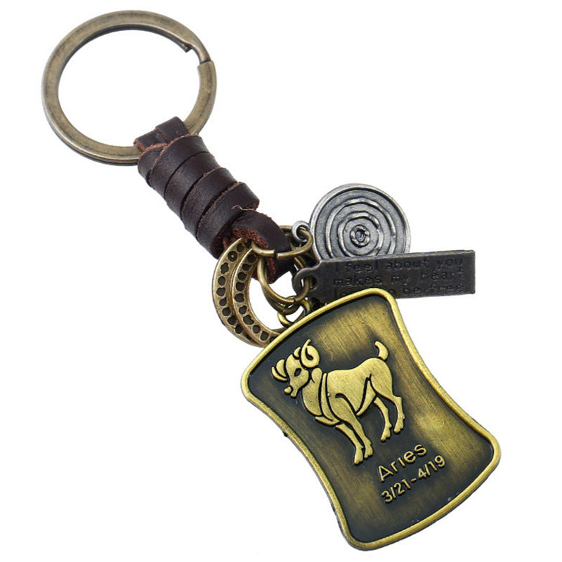 Wholesale of New 12 Constellations Retro Woven Cowhide Keychain