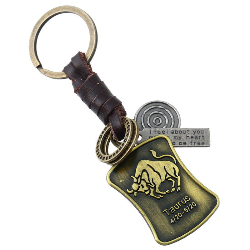 Wholesale of New 12 Constellations Retro Woven Cowhide Keychain