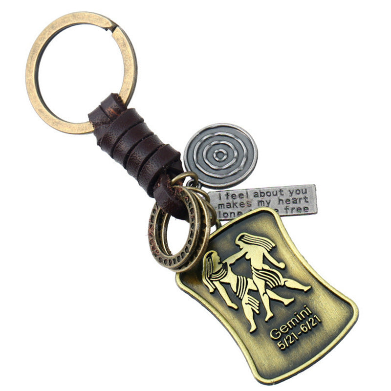 Wholesale of New 12 Constellations Retro Woven Cowhide Keychain