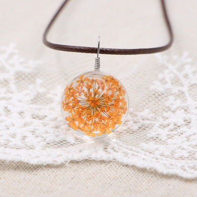 Wholesale Crystal Glass Dried Flower Pendant Necklace Pink Lace Ball Charm Trendy Jewelry Accessory For Daily Wear