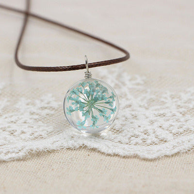 Wholesale Crystal Glass Dried Flower Pendant Necklace Pink Lace Ball Charm Trendy Jewelry Accessory For Daily Wear