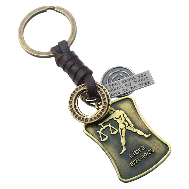 Wholesale of New 12 Constellations Retro Woven Cowhide Keychain
