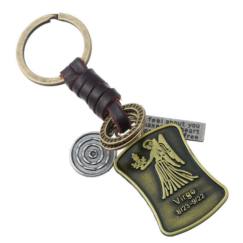 Wholesale of New 12 Constellations Retro Woven Cowhide Keychain