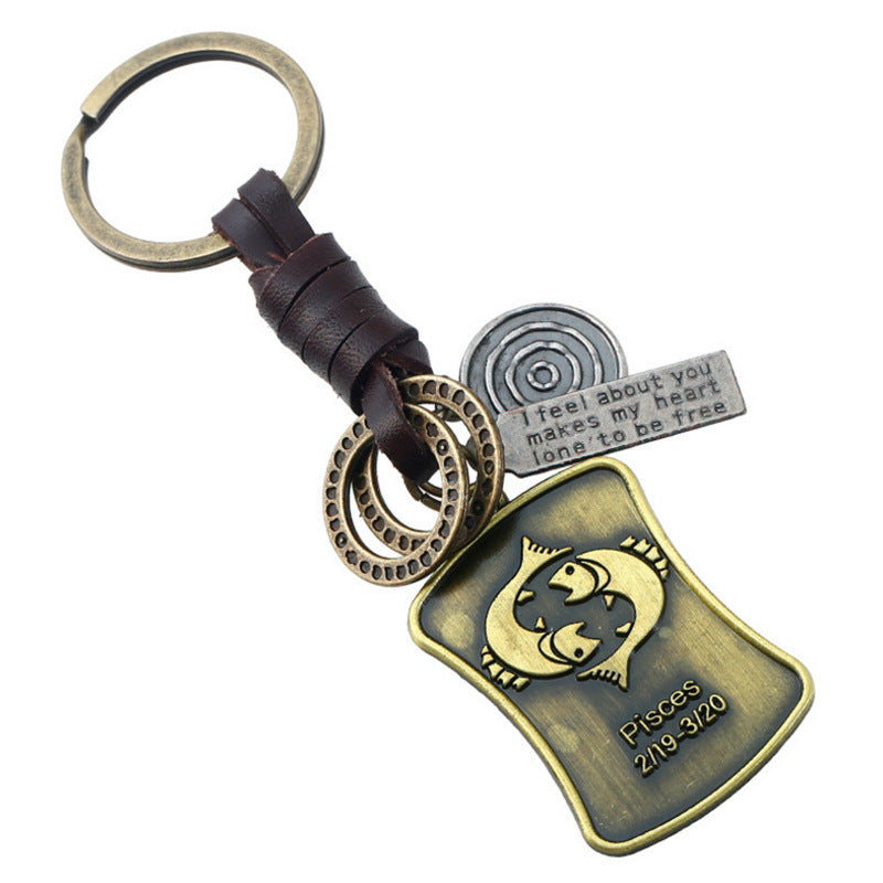 Wholesale of New 12 Constellations Retro Woven Cowhide Keychain