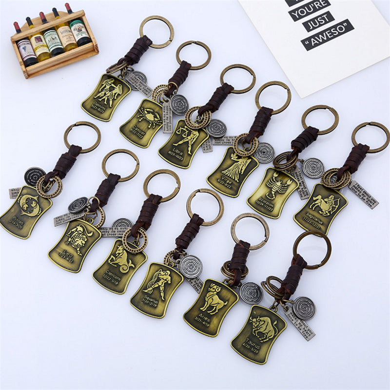 Wholesale of New 12 Constellations Retro Woven Cowhide Keychain