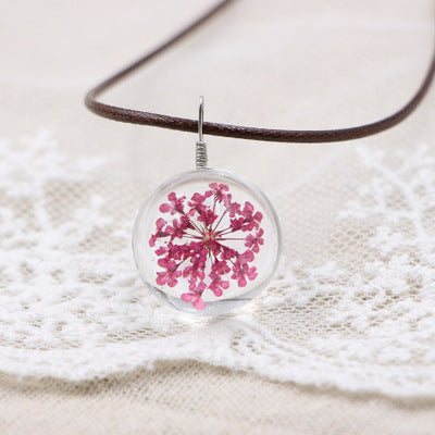 Wholesale Crystal Glass Dried Flower Pendant Necklace Pink Lace Ball Charm Trendy Jewelry Accessory For Daily Wear