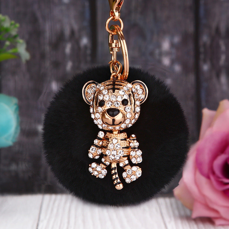Wholesale Creative Water Diamond Fox Head Hairball Keychain